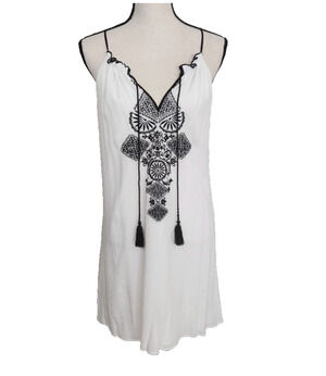 Y2K Crinkle Gauze Embroidered Tassel Halter Top Swim cover White Boho festive L